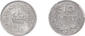 Greece. King Constantine I, 1913-1917 and 1920-1922. 10 Lepta, 1922, Poissy mint, Thin planchet variety (KM66.1; Divo 102). 

Graded MS65 PCGS.