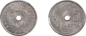 Greece. King Constantine II, 1964-1973. 5 Lepta, 1971, Athens mint (KM77).

Graded MS67 PCGS.