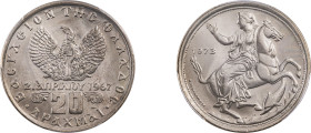Greece. King Constantine II, 1964-1973. 20 Drachmai, 1973A, Athens mint, variety with wide rim and continuous wave design at rear hoof (KM111.3).

Gra...