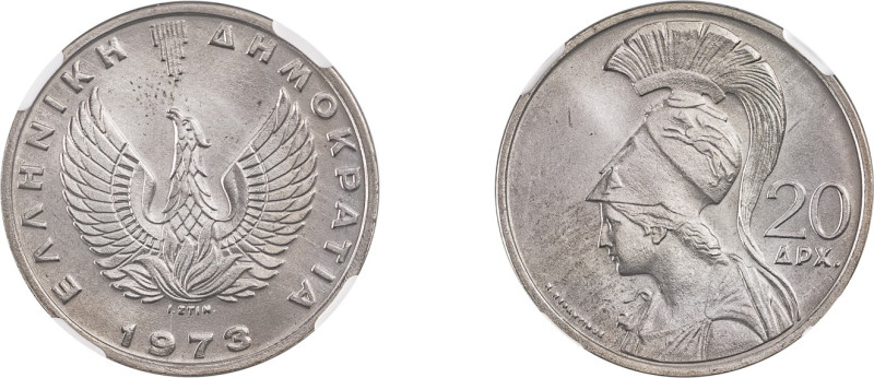 Greece. Republic, 1973-1974. 20 Drachmai, 1973B, Athens mint (KM112). 

Graded M...