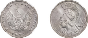 Greece. Republic, 1973-1974. 20 Drachmai, 1973B, Athens mint (KM112). 

Graded MS67 NGC.