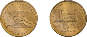 Greece. Third Republic, 1974-. 100 Drachmai, 1997, Athens mint, Track Championship (KM169).

Graded MS67 PCGS.