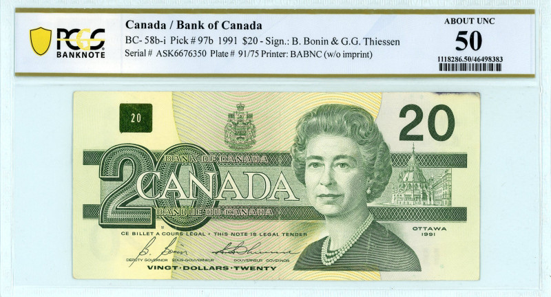 Canada
Bank of Canada
20 Dollars, 1991
S/N ASK6676350, Plate #91/75 - Sign. B. B...