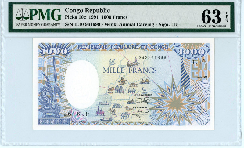 Congo
Republic
1.000 Francs, 1991
S/N T.10 961699 - Sign. #15
Wmk: Animal Carvin...