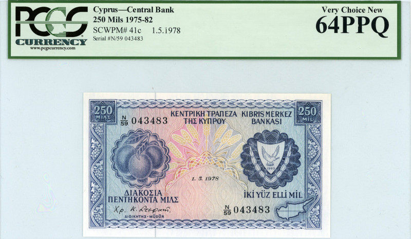 Cyprus
Central Bank
250 Mils, 1-5-1978 (1975-82)
S/N N/59 043483
Printer: BWC
Wm...