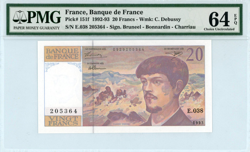 France
Banque de France 
20 Francs, 1992-1993
S/N E.038 205364 - Sign. Bruneel -...