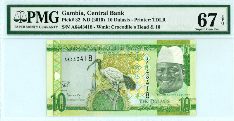 Gambia
Central Bank
10 Dalasis, ND (2015)
S/N A6443418
Printer: TDLR
Wmk: Crocod...