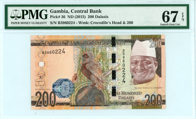Gambia
Central Bank
200 Dalasis, ND (2015)
S/N B3960224
Printer: TDLR
Wmk: Croco...