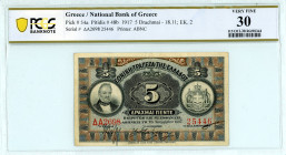 Greece
National Bank of Greece (ΕΘΝΙΚΗ ΤΡΑΠΕΖΑ ΤΗΣ ΕΛΛΑΔΟΣ)
5 Drachmai, 18 November 1917 (1905-18)
S/N ΔΑ2698 25446
Printer: ABNC
Pick 54a; Pitidis 48...