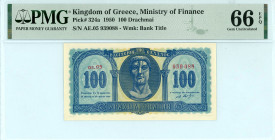 Greece
Kingdom of Greece (ΒΑΣΙΛΕΙΟΝ ΤΗΣ ΕΛΛΑΔΟΣ)
Ministry of Finance
100 Drachmai, 10th July 1950
S/N αε.05 939088
Wmk: Bank Title
Pick 324a; Pitidis ...