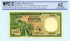 Greece
Bank of Greece (ΤΡΑΠΕΖΑ ΤΗΣ ΕΛΛΑΔΟΣ)
100 Drachmai, 1st January 1939
S/N Π-042 801698
Printer: W&S (without imprint)
Wmk: Man’s Head
Pick 108a; ...