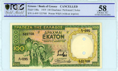 Greece
Bank of Greece (ΤΡΑΠΕΖΑ ΤΗΣ ΕΛΛΑΔΟΣ)
100 Drachmai, 1st January 1939 
Cancelled, Perforated 2 holes
S/N Λ-095 522708
Printer: W&S (without impri...