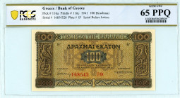 Greece
Bank of Greece (ΤΡΑΠΕΖΑ ΤΗΣ ΕΛΛΑΔΟΣ)
100 Drachmai, 10th July 1941
S/N 168543 ΞΘ, Plate #B’
Serial before letters
Pick 116a; Pitidis 116c

Grade...