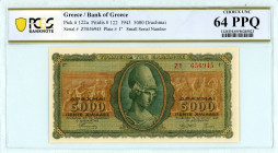 Greece
Bank of Greece (ΤΡΑΠΕΖΑ ΤΗΣ ΕΛΛΑΔΟΣ)
5.000 Drachmai, 19th July 1943
S/N ZT 656945, Plate #Γ’
Small Serial
Pick 122a; Pitidis 122

Graded Choice...