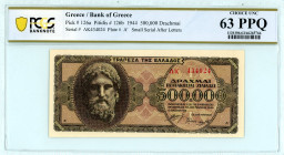 Greece
Bank of Greece (ΤΡΑΠΕΖΑ ΤΗΣ ΕΛΛΑΔΟΣ)
500.000 Drachmai, 20th March 1944
S/N ΛΚ 434024, Plate #A’
Small Serial after letters
Pick 126a; Pitidis 1...