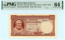 Greece
Bank of Greece (ΤΡΑΠΕΖΑ ΤΗΣ ΕΛΛΑΔΟΣ)
50 Drachmai, 1st January 1941 (ND 1945)
S/N β.Κ-108 299750
Printer: TDLR
Wmk: Man’s Head
Pick 168; Pitidis...