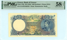 Greece
Bank of Greece (ΤΡΑΠΕΖΑ ΤΗΣ ΕΛΛΑΔΟΣ)
100 Drachmai, ND (1944)
S/N ζ.Σ-070 026535
Printer: W&S
Wmk: Themistocle’s Head
Pick 170a; Pitidis 152

Gr...