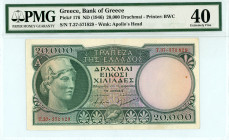 Greece
Bank of Greece (ΤΡΑΠΕΖΑ ΤΗΣ ΕΛΛΑΔΟΣ)
20.000 Drachmai, ND (1947)
S/N T.37-571829
With security strip
Printer: BWC
Wmk: Apollo’s Head
Pick 179b; ...