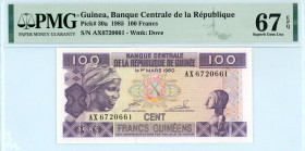 Guinea
Banque Centrale de la République
100 Francs, 1985
S/N AX6720661
Wmk: Dove
Pick 30a

Graded Superb Gem Uncirculated 67 EPQ PMG