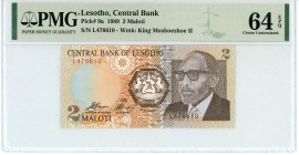 Lesotho
Central Bank
2 Maloti, 1989
S/N L476610
Wmk: King Moshoeshoe II
Pick 9a

Graded Choice Uncirculated 64 EPQ PMG
