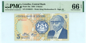 Lesotho
Central Bank
5 Maloti, 1989
S/N D106431 - Sign. #3
Wmk: King Moshoeshoe II
Pick 10a

Graded Gem Uncirculated 66 EPQ PMG
