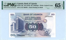 Uganda
Bank of Uganda
50/- Shillings, ND (1979)
S/N C/127 206481 - Dark Printing on Bank
Wmk: Crested Crane
Pick 13b

Graded Gem Uncirculated 65 EPQ P...