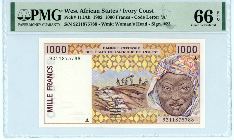 West African States / Ivory Coast
1.000 Francs, 1992
S/N 9211875788 - Sign. #23 ...