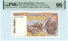 West African States / Ivory Coast
1.000 Francs, 1992
S/N 9211875788 - Sign. #23 - Code Letter “A”
Wmk: Woman’s Head
Pick 111Ab

Graded Gem Uncirculate...