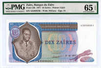Zaïre
Banque du Zaïre
10 Zaïres, 27-10-1977
S/N A5505828E - Sign. #4
Printer: G&D
Wmk: Mobutu
Pick 23b

Graded Gem Uncirculated 65 EPQ PMG