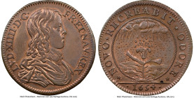 Louis XIV bronze "Victory of King’s Party" Jeton 1654-Dated AU Details (Cleaned) NGC, F-12515 var. LUD XIIII D G FR ET NAV REX Bust of Louis XIV right...