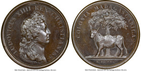 Louis XIV bronze "Madagascar Colony" Medal 1665-Dated MS66 Brown NGC, Divo-83. 41mm. By J. Mauger. LUDOVICUS XIIII REX CHRISTIANISS Head right // COLO...