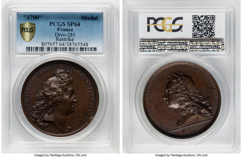 Louis XIV bronze Restrike Specimen "Duke of Anjou" Medal 1700-Dated SP64 PCGS, D...