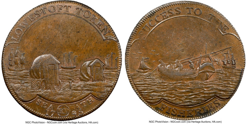 Suffolk. Lowestoft "Fisheries" 1/2 Penny Token 1795 MS64 Brown NGC, D&H-37. Edge...