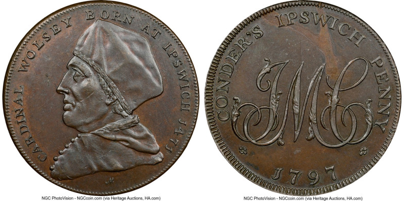 Suffolk. Ipswich "Cardinal Wolsey" Penny Token 1797 MS63 Brown NGC, D&H-12. Edge...