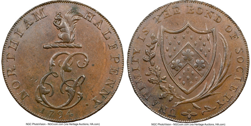 Sussex. Northiam copper 1/2 Penny Token 1794 MS63 Brown NGC, D&H-35. Edge: PAYAB...