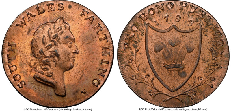 South Wales copper 1/4 Penny Token 1793 MS64 Red and Brown NGC, D&H-26a. Edge: P...