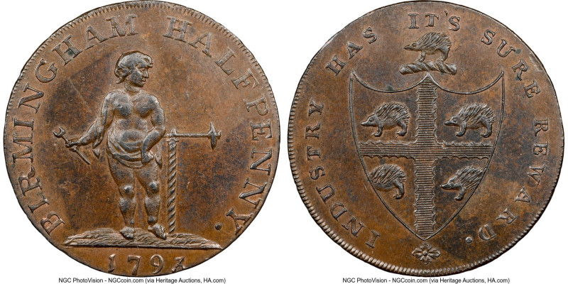 Warwickshire. Birmingham copper 1/2 Penny Token 1793 MS63 Brown NGC, D&H-50. Edg...