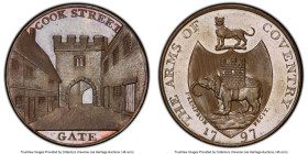 Warwickshire. Kempson’s bronzed Proof 1/2 Penny Token 1797 PR65 PCGS, D&H-269. COOK STREET View of street and gate; in exergue GATE // THE ARMS OF COV...