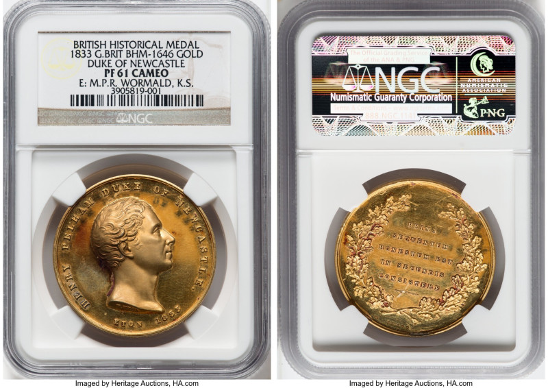 "Duke of Newcastle" gold Proof Medal 1833-Dated (1969) PR61 Cameo NGC, BHM-1646....