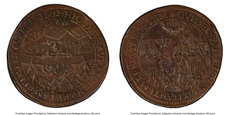 Dordrecht. Dutch Republic copper "Capture of Grave" Jeton 1602 AU58 PCGS, Dug-35...