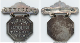 "Tayabas Provincial Exposition" silver Medal 1920 XF, 41 x 45mm. 9.1gm. Sold with old collector's flip. Privately purchased from Aldo P. Basso. HID098...