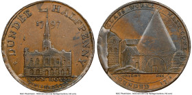 Angusshire. Dundee "Glass Works" 1/2 Penny Token 1797 AU58 Brown NGC, D&H-17. Edge: Payable By John Pilmer. A reverse die break has created a large cu...