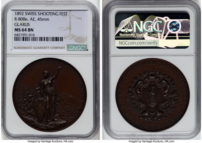 Confederation bronze "Glarus Shooting Festival'' Medal 1892 MS64 Brown NGC, Rich...