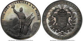 Confederation silver "Neuchatel-Le Locle Shooting Festival'' Medal 1892 MS63 NGC, Richter-959b. 45mm. By Huguenin. NOS JEUX GUERRIERS A LA PATRIE Man ...