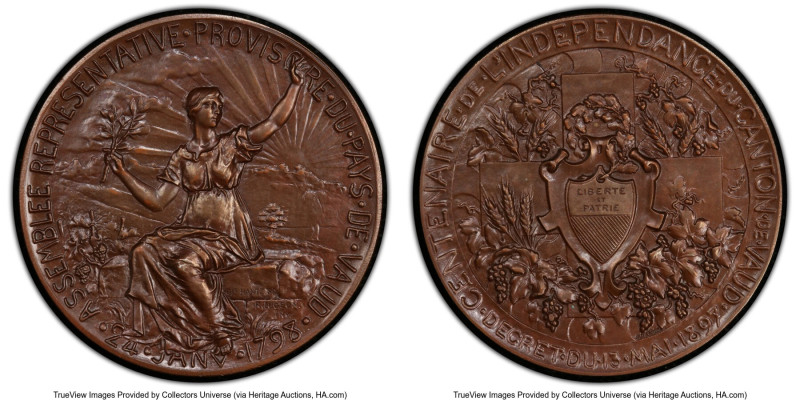 Confederation bronze "Independence Centennial Vaud" Medal 1897 MS65 Brown PCGS, ...