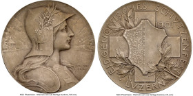 Confederation silver "Lucerne Shooting Festival" Medal 1901 MS65 NGC, Richter-879b. 45mm. By Hans Frei. Helvetia right in helmet and armor, lake and m...