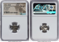 CENTRAL GAUL. Aedui. Ca. mid-1st century BC. AR quinarius (14mm, 10h). NGC Choice XF. Ca. 100-50 BC. Celticized helmeted head of Roma left; two pellet...