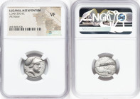 LUCANIA. Metapontum. Ca. 340-330 BC. AR stater (19mm, 2h). NGC VF. S- and Ami-, magistrate. ΛΕΥΚΙΠΠΟΣ, head of Leucippus right, wearing Corinthian hel...