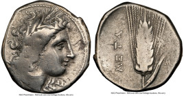 LUCANIA. Metapontum. Ca. 330-280 BC. AR stater (22mm, 2h). NGC Fine. Head of Demeter right, wreathed with grain ears; ΔAI below chin / META, grain ear...