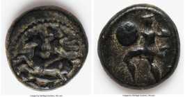 THESSALY. Pelinna. Ca. 425-350 BC. AE denomination D (15mm, 3.02 gm, 5h). VG. Horseman galloping left, with chlamys flowing behind, brandishing spear ...